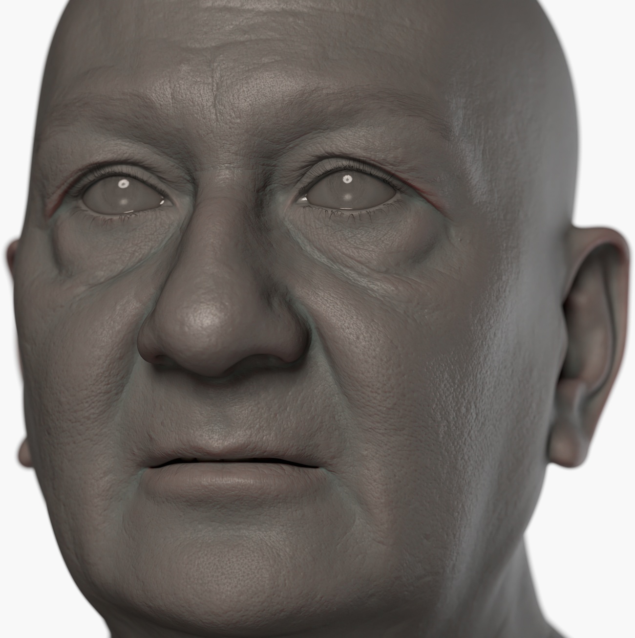 Clay render of an older male head scan showing skin pore and surface detail captured via photogrammetry